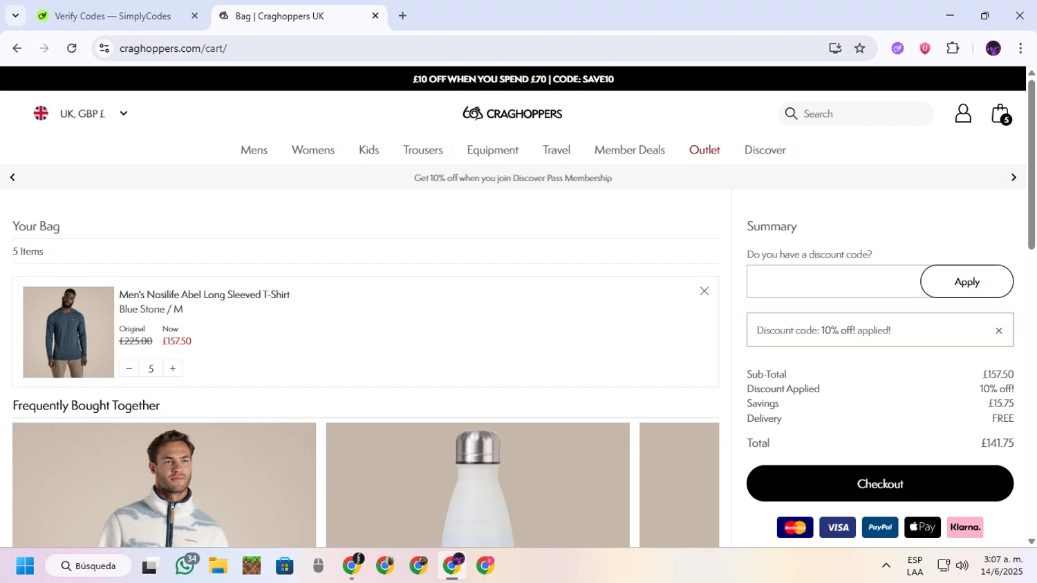 Craghoppers discount code screenshot showing code CRAGS10 applied at Craghoppers checkout page. Uploaded by SimplyCodes community member GloriousGuardian9063 on Jun 14, 2025