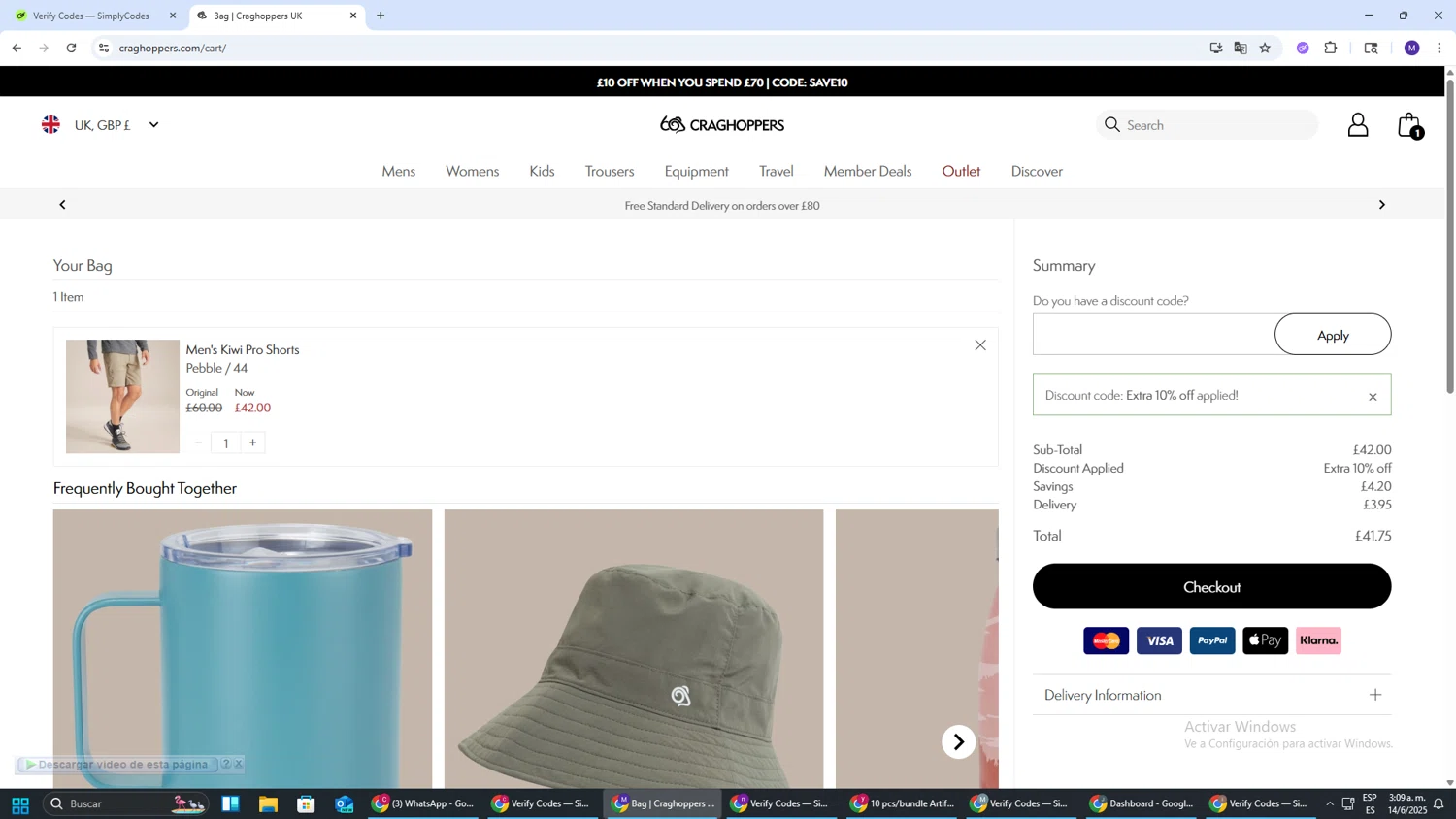 Craghoppers discount code screenshot showing code 10HELLO applied at Craghoppers checkout page. Uploaded by SimplyCodes community member CRF250CC on Jun 14, 2025