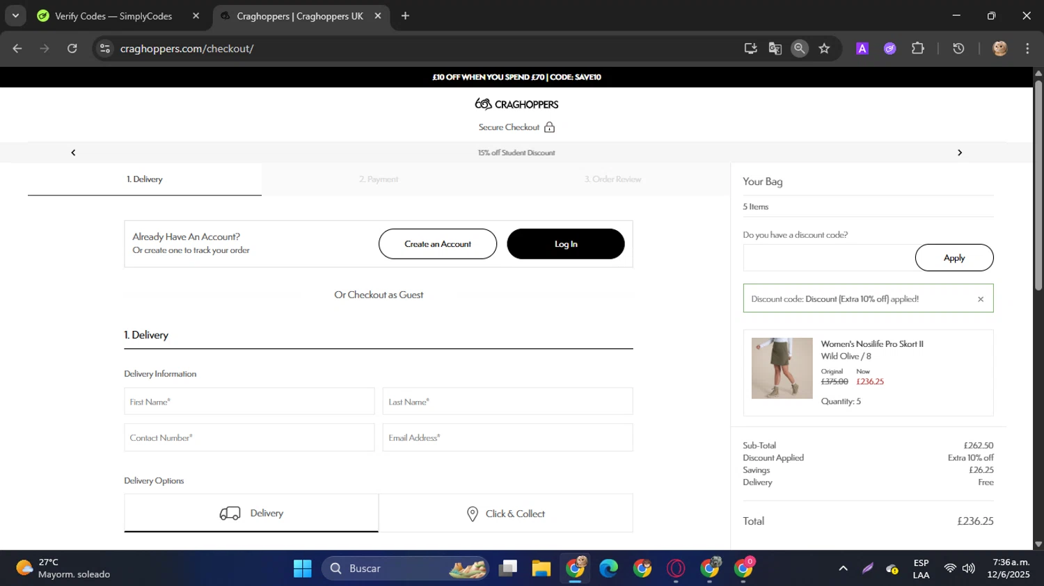 Craghoppers discount code screenshot showing code 10HELLO applied at Craghoppers checkout page. Uploaded by SimplyCodes community member SwiftPilot741 on Jun 12, 2025