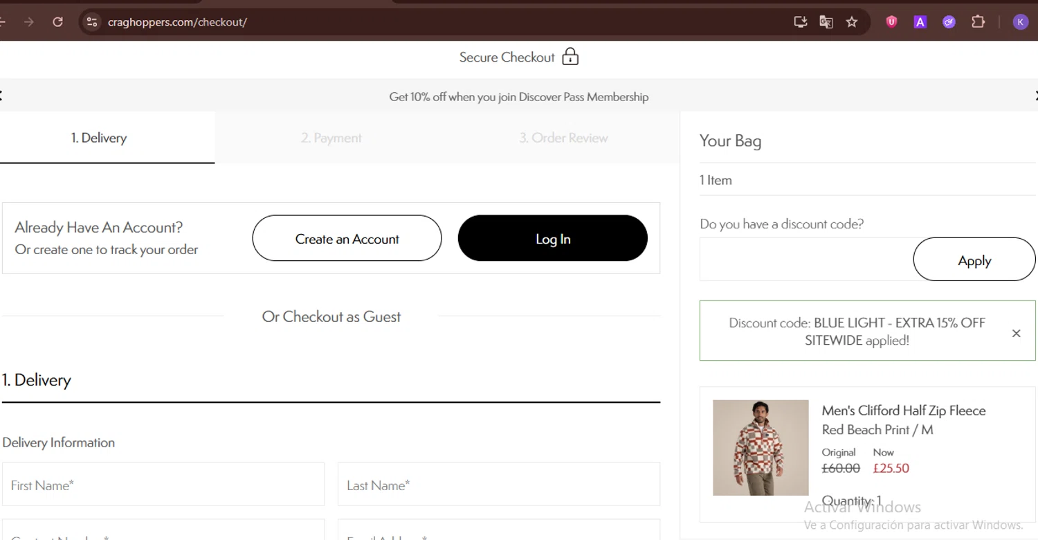 Craghoppers discount code screenshot showing code CHCA-WGC3-TV6C applied at Craghoppers checkout page. Uploaded by SimplyCodes community member FortunateDefender3676 on Jun 3, 2025