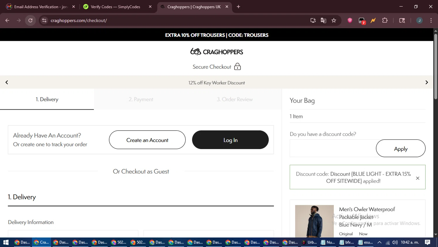 Craghoppers discount code screenshot showing code CHCA-WGC3-TV6C applied at Craghoppers checkout page. Uploaded by SimplyCodes community member ScanLynx8928 on Aug 6, 2025