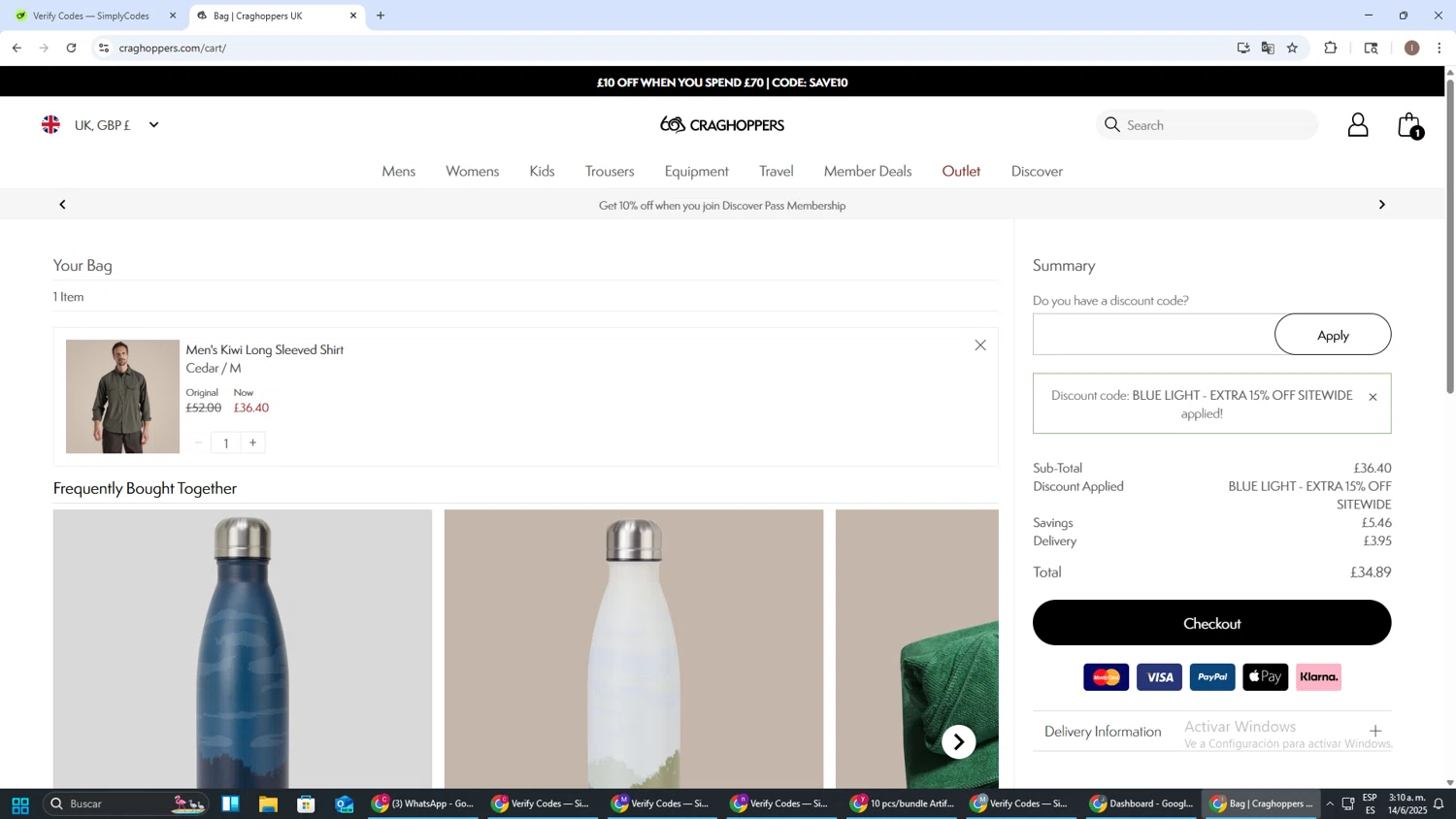Craghoppers discount code screenshot showing code CHCA-WGC3-TV6C applied at Craghoppers checkout page. Uploaded by SimplyCodes community member pequenokalvin5 on Jun 14, 2025