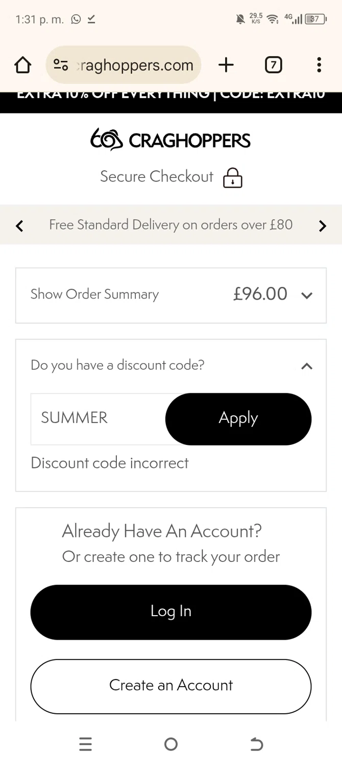 Craghoppers discount code screenshot showing code SUMMER applied at Craghoppers checkout page. Uploaded by SimplyCodes community member SavingsLegend7908 on Aug 24, 2025