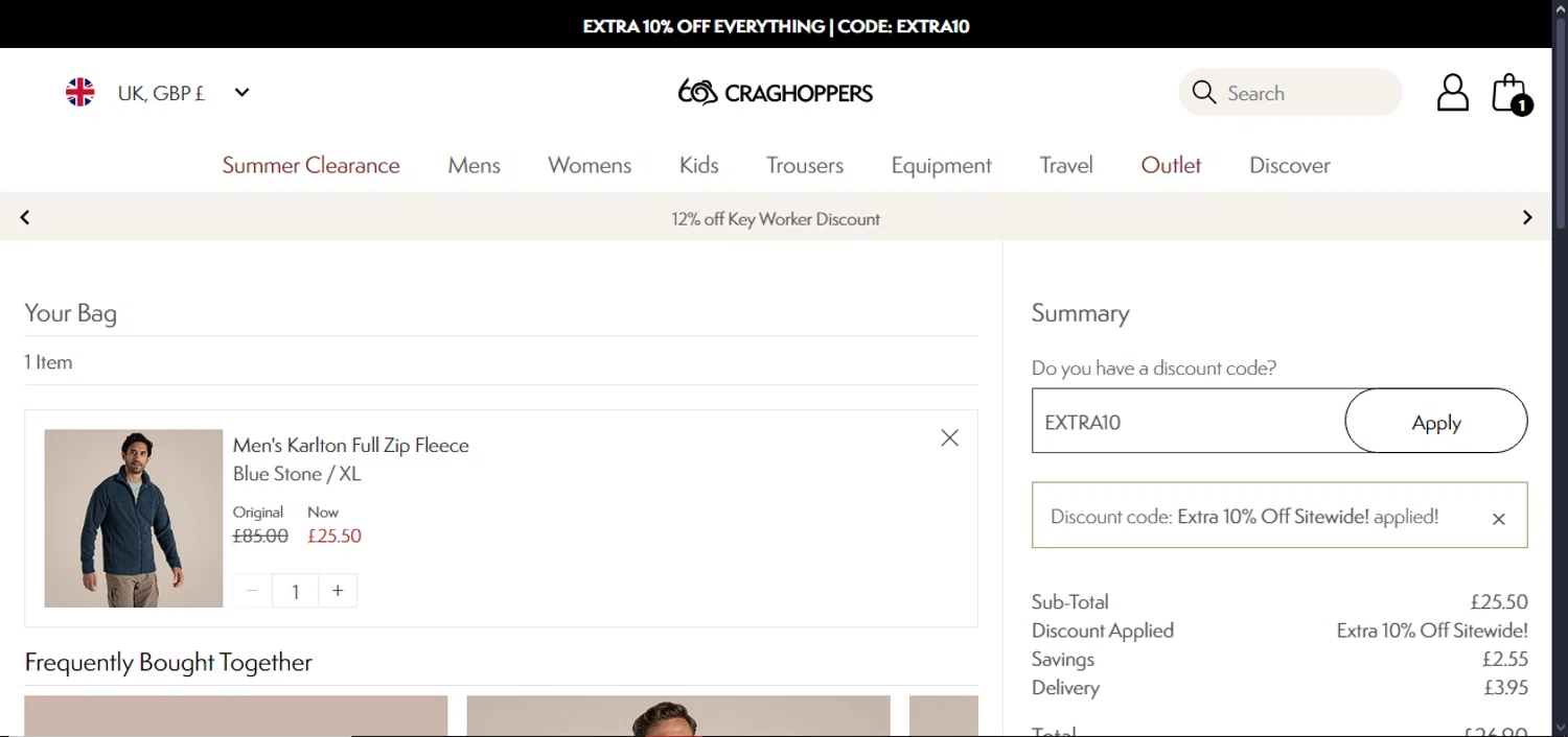 Craghoppers discount code screenshot showing code EXTRA10 applied at Craghoppers checkout page. Uploaded by SimplyCodes community member ArgoByte on Aug 20, 2025