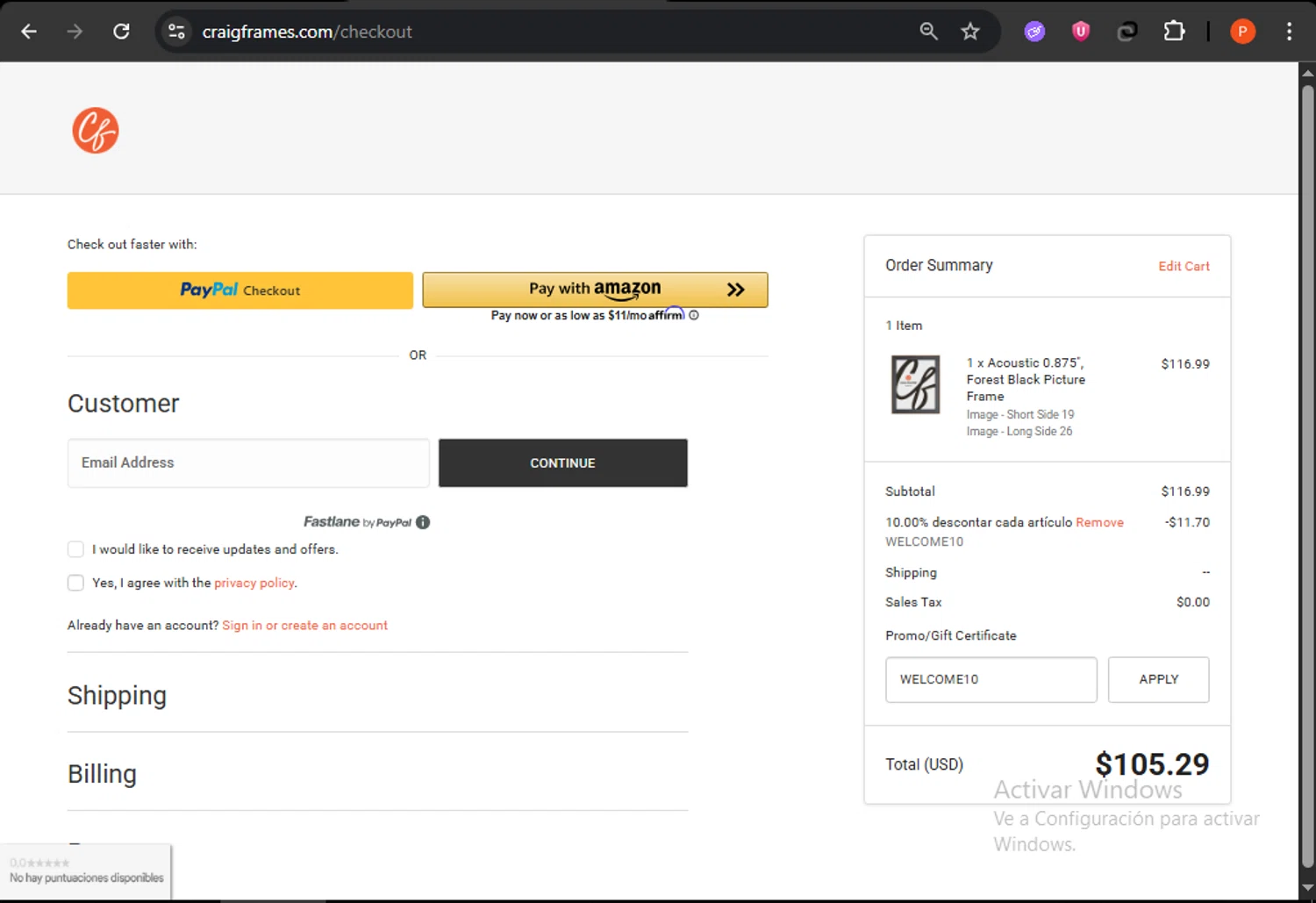 Craig Frames promo code screenshot showing code WELCOME10 applied at Craig Frames checkout page. Uploaded by SimplyCodes community member WonderDefender6772 on Jul 7, 2025