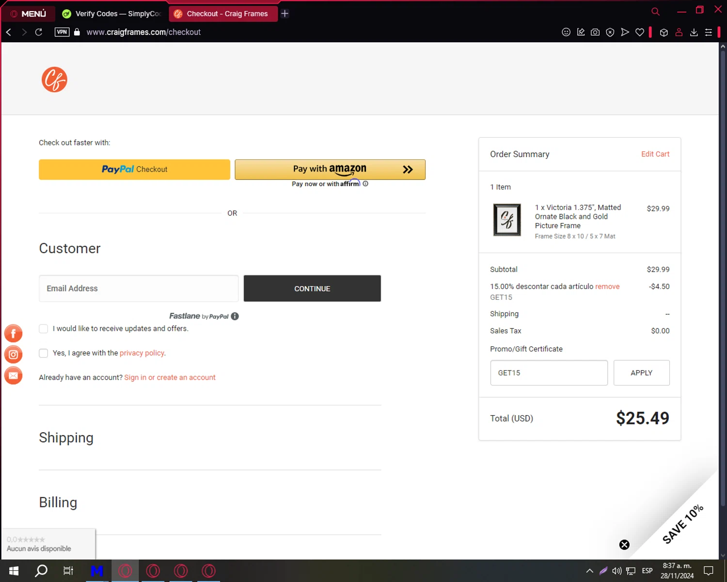 Craig Frames checkout page showing Craig Frames promo code box | Screenshot taken by SimplyCodes community member on Nov 28, 2024