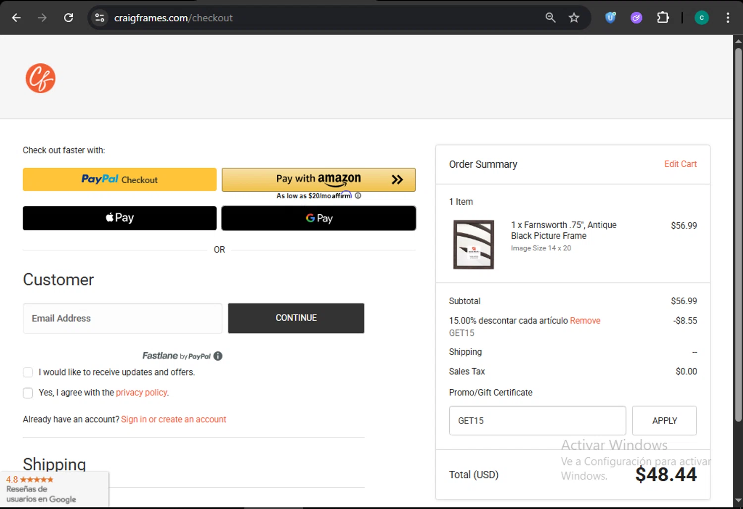 Craig Frames promo code screenshot showing code GET15 applied at Craig Frames checkout page. Uploaded by SimplyCodes community member WiseMonarch3906 on Jul 7, 2025