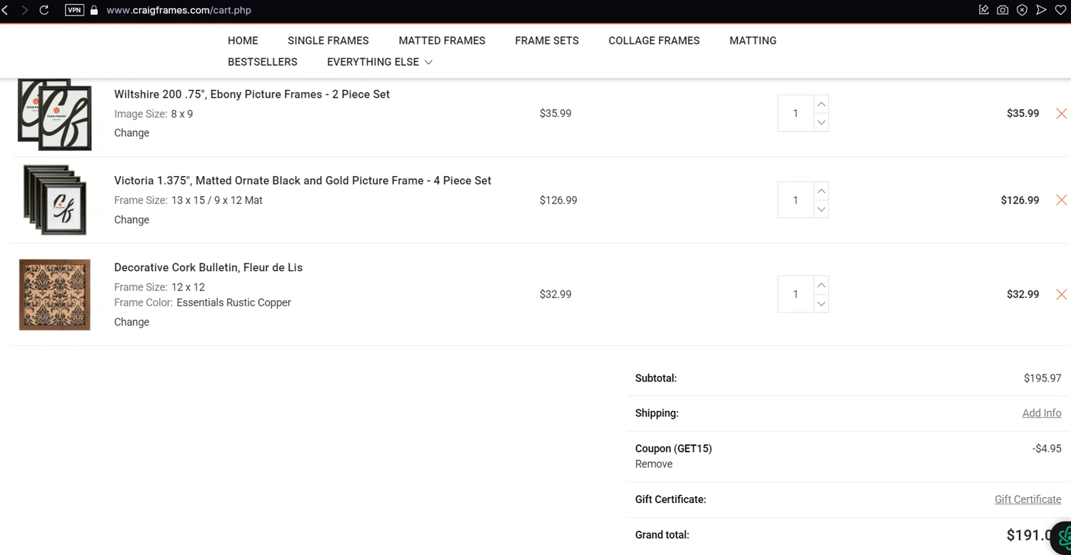 Craig Frames promo code screenshot showing code GET15 applied at Craig Frames checkout page. Uploaded by SimplyCodes community member CleverVirtuoso5654 on Mar 12, 2025