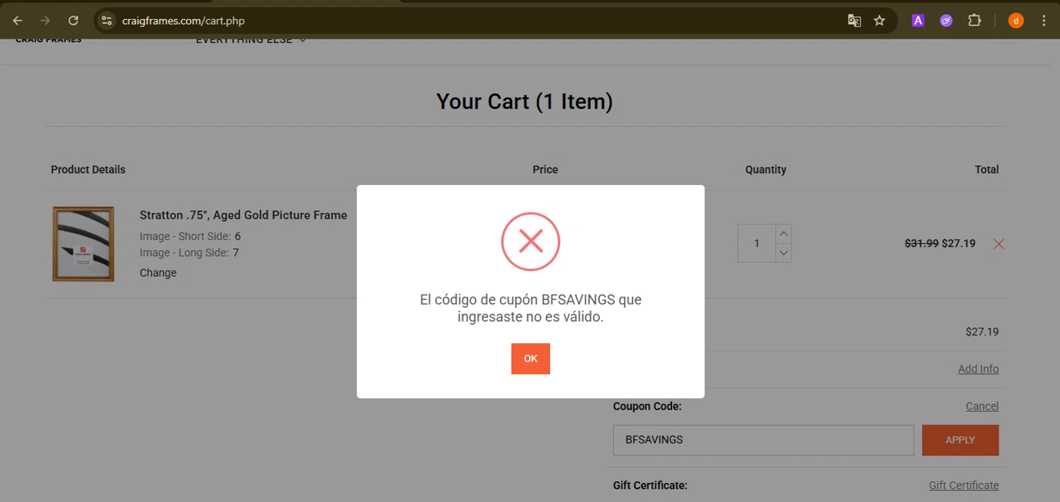 Craig Frames promo code screenshot showing code BFSAVINGS applied at Craig Frames checkout page. Uploaded by SimplyCodes community member PennyAdmiral6960 on Dec 25, 2025