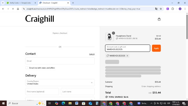 Craighill checkout page showing Craighill discount code box | Screenshot taken by SimplyCodes community member on Aug 27, 2025