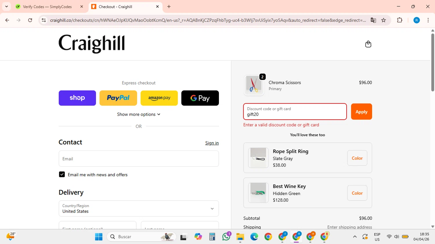 Craighill promo code screenshot showing code gift20 applied at Craighill checkout page. Uploaded by SimplyCodes community member RoyalTiger5329 on Apr 4, 2026