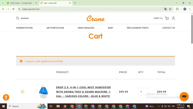 Crane checkout page showing Crane discount code box | Screenshot taken by SimplyCodes community member on May 14, 2025
