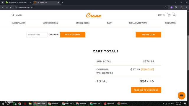 Crane checkout page showing Crane discount code box | Screenshot taken by SimplyCodes community member on May 7, 2025