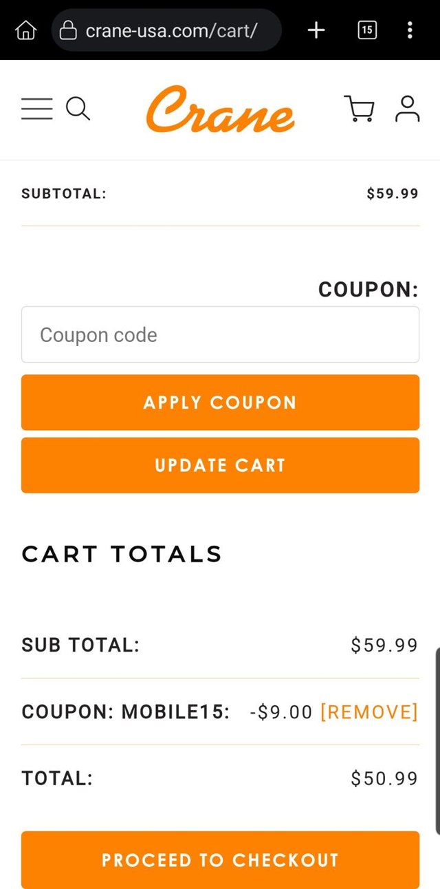 Crane checkout page showing Crane discount code box | Screenshot taken by SimplyCodes community member on May 14, 2025