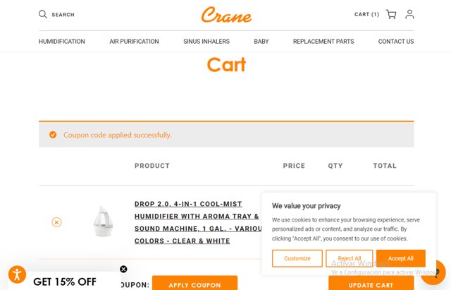 Crane checkout page showing Crane discount code box | Screenshot taken by SimplyCodes community member on May 7, 2025