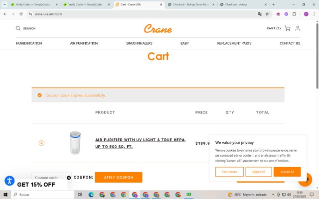 Crane checkout page showing Crane discount code box | Screenshot taken by SimplyCodes community member on Mar 27, 2025
