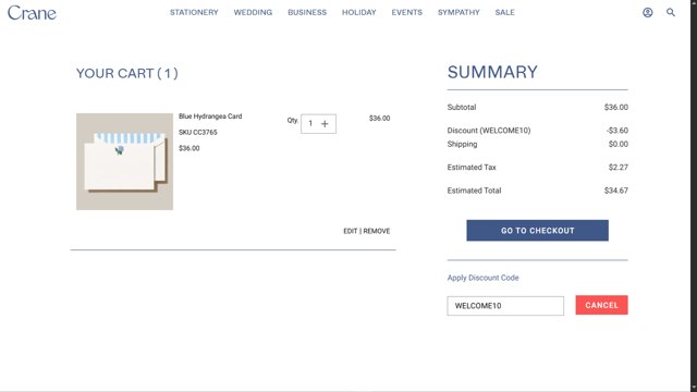 Crane & Co. checkout page showing Crane & Co. promo code box | Screenshot taken by SimplyCodes community member on Jun 9, 2025