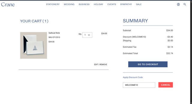 Crane & Co. checkout page showing Crane & Co. promo code box | Screenshot taken by SimplyCodes community member on Jun 30, 2025