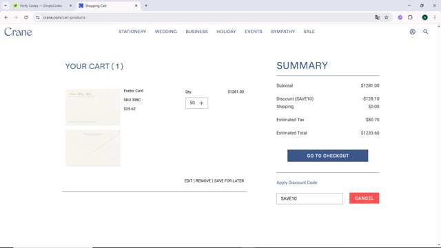 Crane & Co. checkout page showing Crane & Co. promo code box | Screenshot taken by SimplyCodes community member on Jun 9, 2025