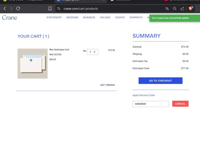 Crane & Co. checkout page showing Crane & Co. promo code box | Screenshot taken by SimplyCodes community member on May 27, 2025