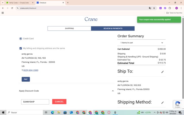 Crane & Co. checkout page showing Crane & Co. promo code box | Screenshot taken by SimplyCodes community member on Jun 30, 2025