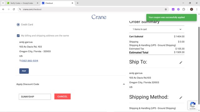 Crane & Co. checkout page showing Crane & Co. promo code box | Screenshot taken by SimplyCodes community member on Jun 30, 2025
