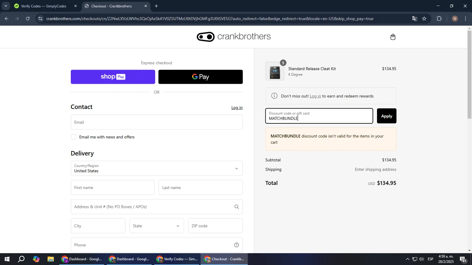 Crank Brothers discount code screenshot showing code MATCHBUNDLE applied at Crank Brothers checkout page. Uploaded by SimplyCodes community member DiscountPioneer2554 on Feb 28, 2025