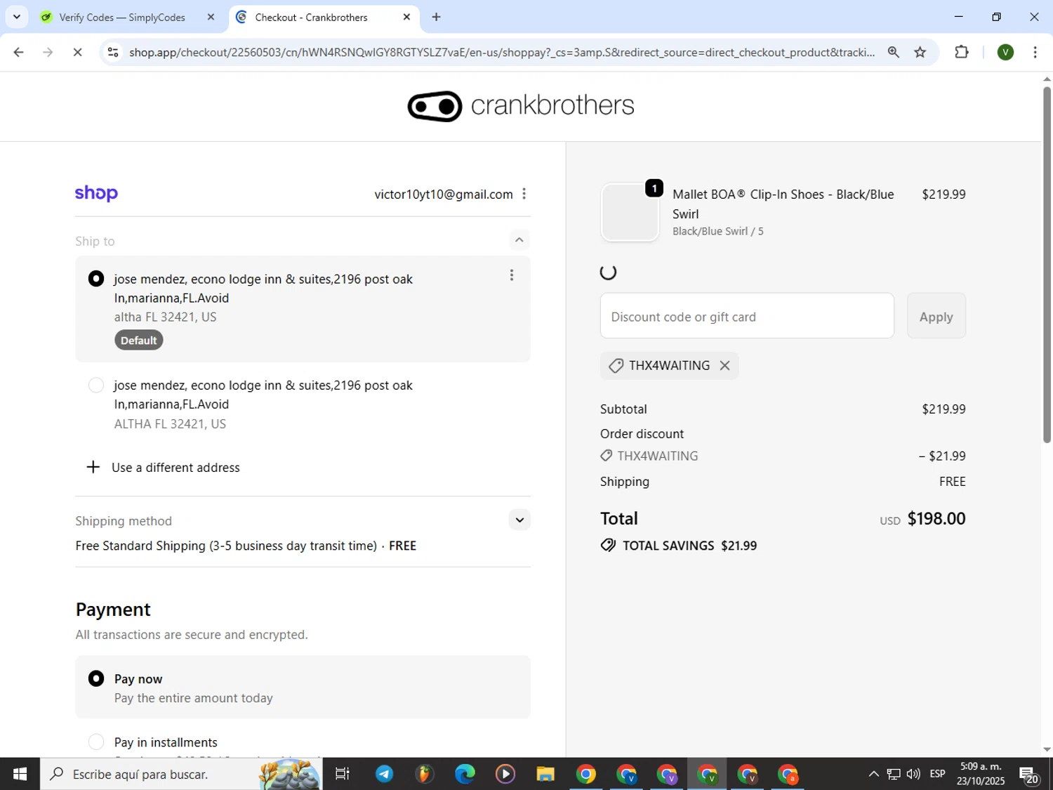 Crank Brothers discount code screenshot showing code THX4WAITING applied at Crank Brothers checkout page. Uploaded by SimplyCodes community member PrimeWizard4168 on Oct 23, 2025
