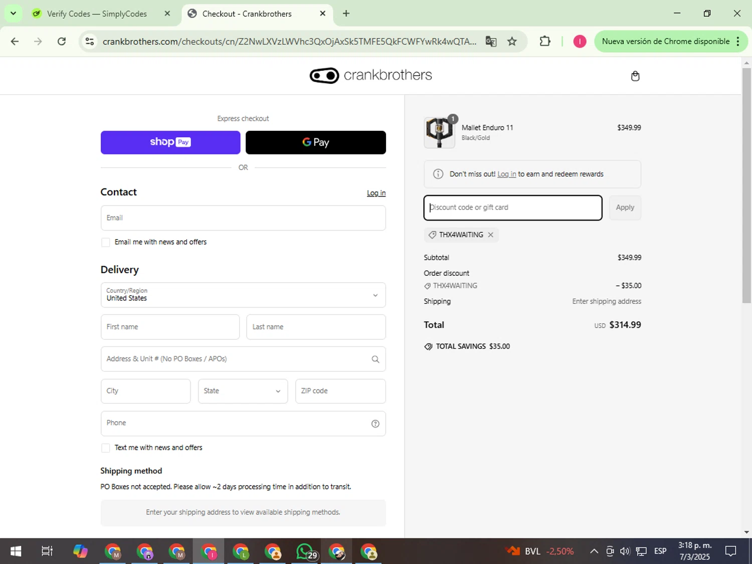 Crank Brothers discount code screenshot showing code THX4WAITING applied at Crank Brothers checkout page. Uploaded by SimplyCodes community member FortunateExpert1626 on Mar 7, 2025
