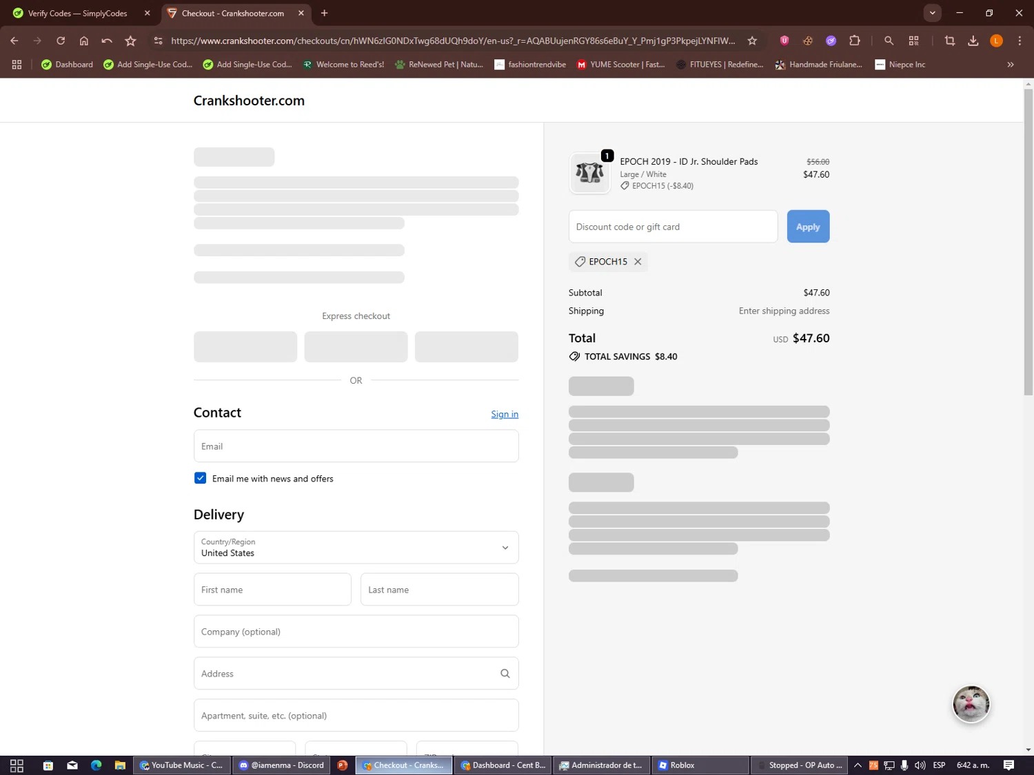 Crankshooter discount code screenshot showing code EPOCH15 applied at Crankshooter checkout page. Uploaded by SimplyCodes community member Alalee on Dec 29, 2025