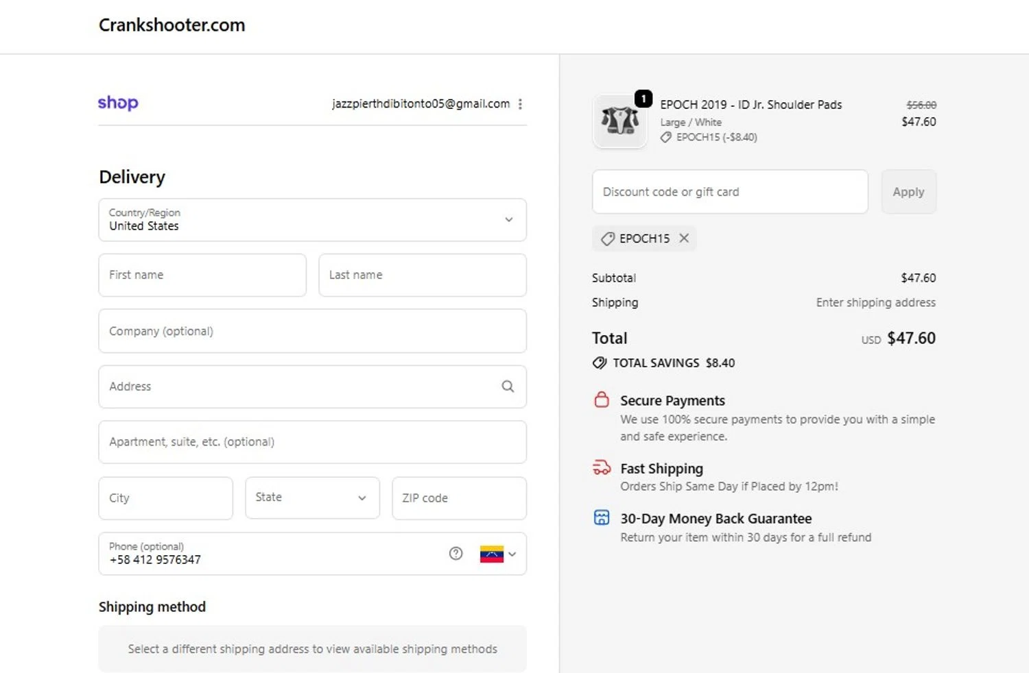 Crankshooter discount code screenshot showing code EPOCH15 applied at Crankshooter checkout page. Uploaded by SimplyCodes community member FortunateScholar5901 on Nov 29, 2025
