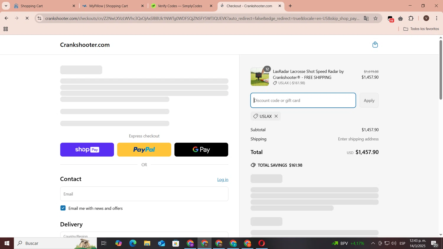 Crankshooter discount code screenshot showing code USLAX applied at Crankshooter checkout page. Uploaded by SimplyCodes community member CoinLegend1707 on Mar 14, 2025
