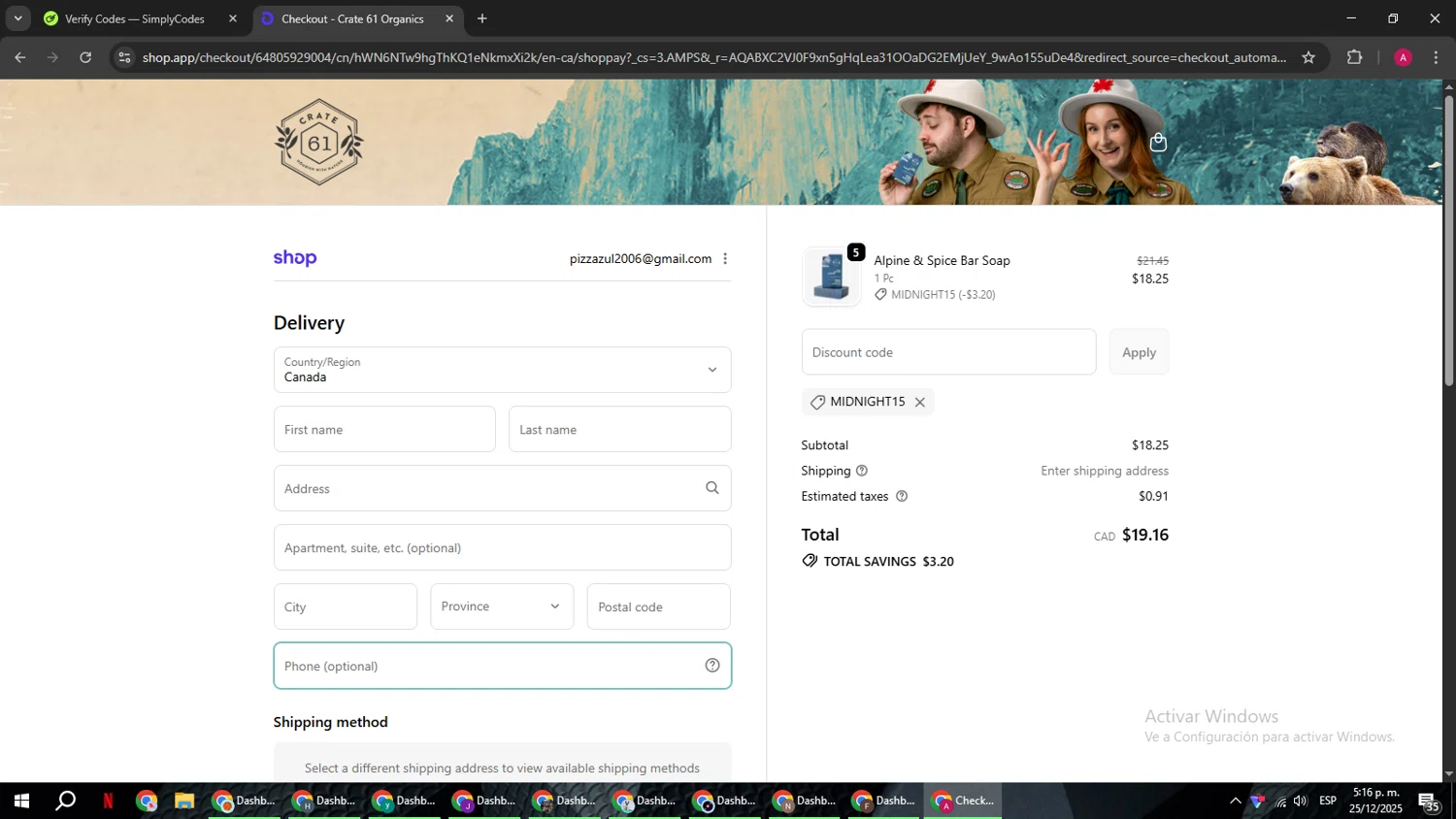 Crate61 promo code screenshot showing code midnight15 applied at Crate61 checkout page. Uploaded by SimplyCodes community member BMWGS1200 on Dec 25, 2025