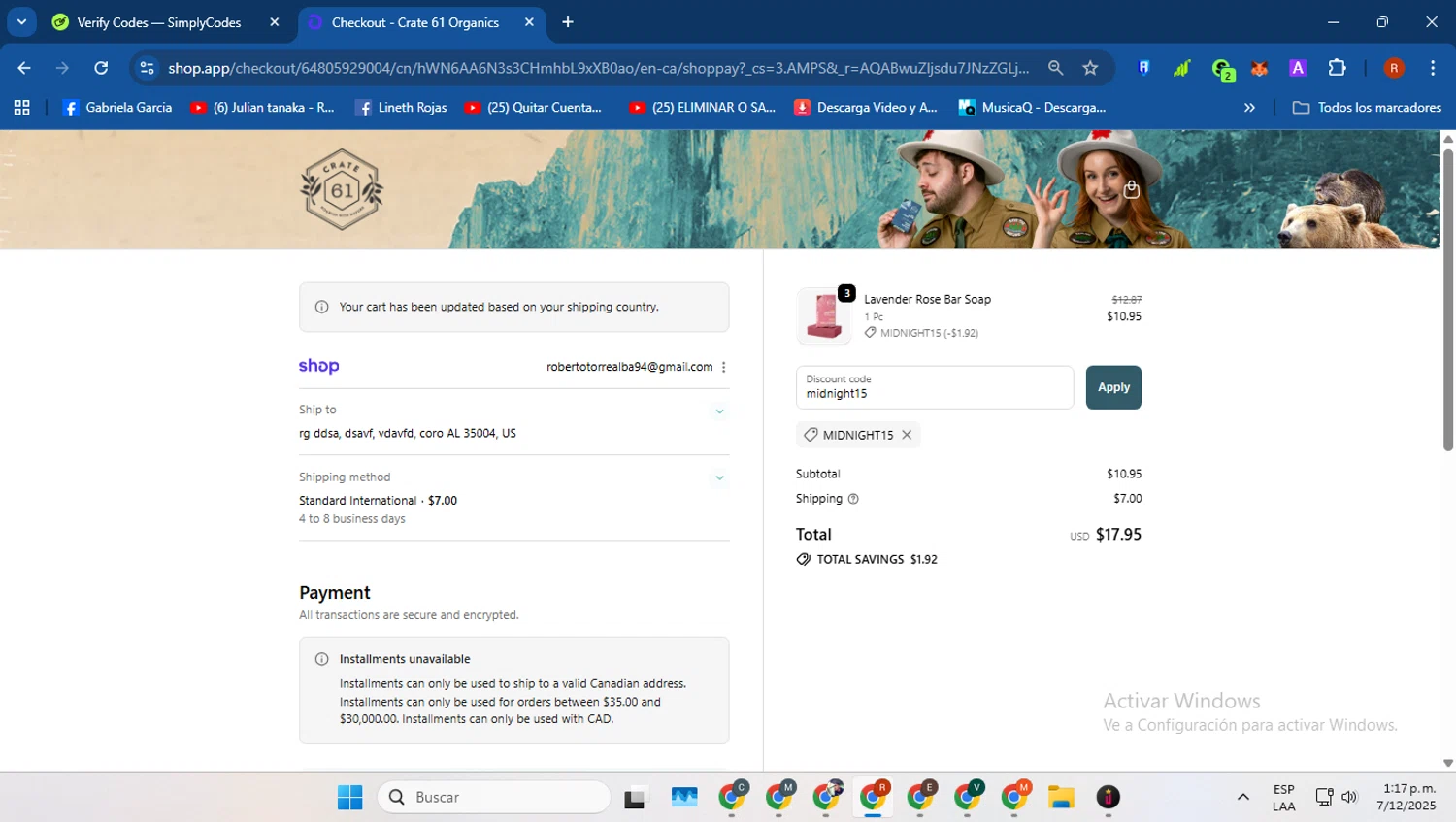 Crate61 promo code screenshot showing code midnight15 applied at Crate61 checkout page. Uploaded by SimplyCodes community member robertotorrealba on Dec 7, 2025