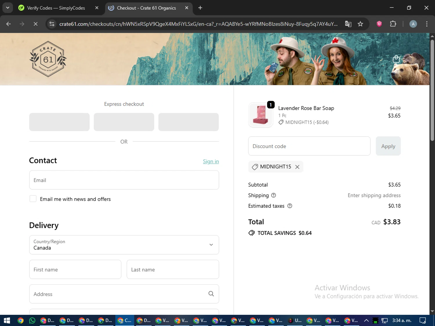 Crate61 promo code screenshot showing code midnight15 applied at Crate61 checkout page. Uploaded by SimplyCodes community member trippieredd on Dec 2, 2025