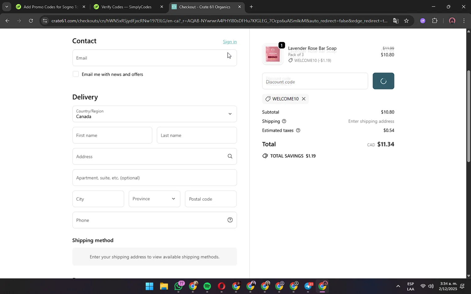 Crate61 promo code screenshot showing code WELCOME10 applied at Crate61 checkout page. Uploaded by SimplyCodes community member ShrewdPilot3521 on Dec 2, 2025