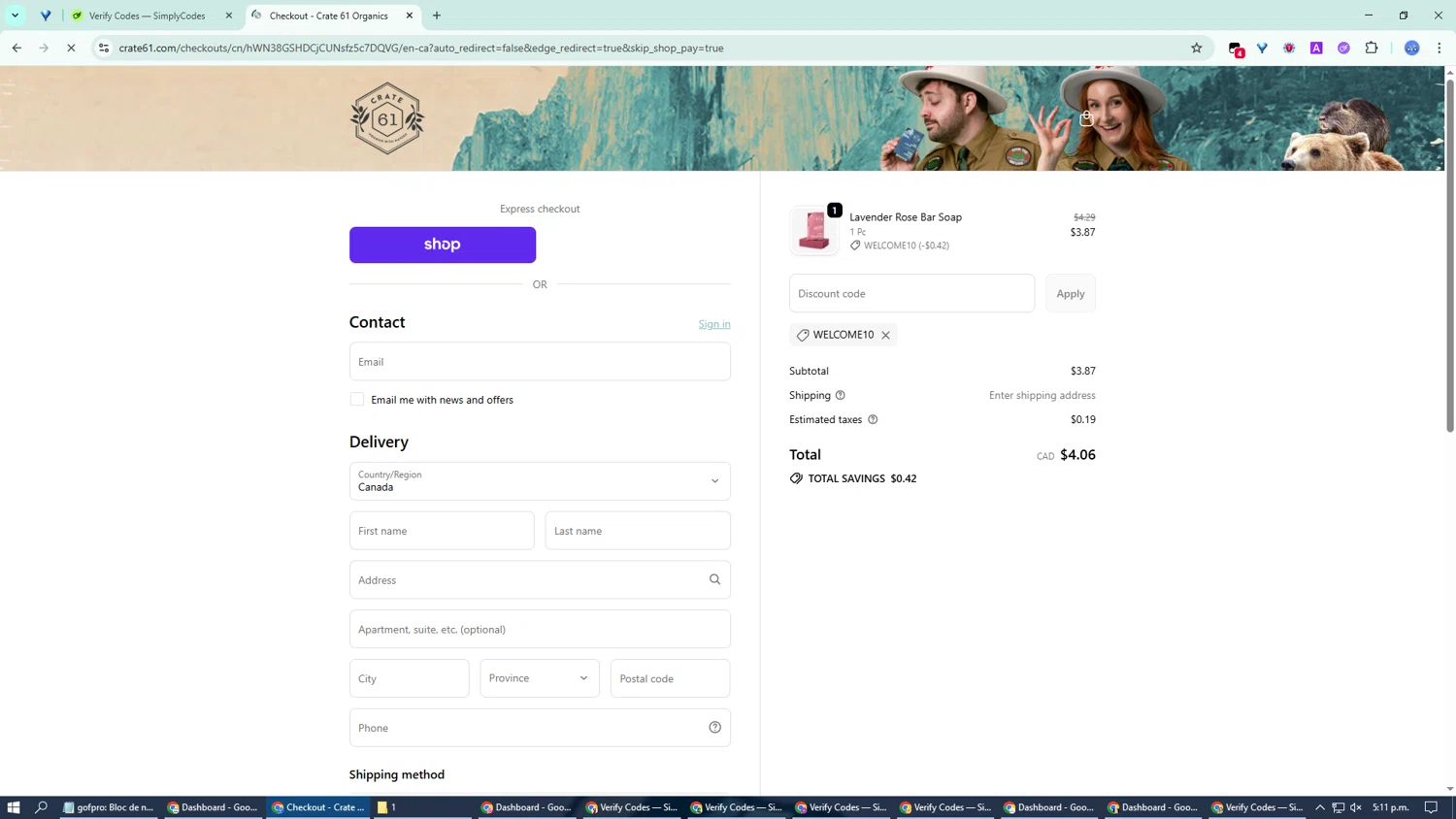 Crate61 promo code screenshot showing code WELCOME10 applied at Crate61 checkout page. Uploaded by SimplyCodes community member WonderFox1530 on Sep 18, 2025