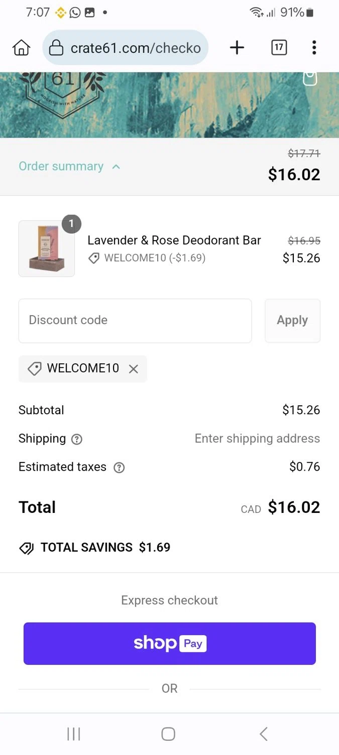 Crate61 promo code screenshot showing code WELCOME10 applied at Crate61 checkout page. Uploaded by SimplyCodes community member ScanMaverick9378 on Mar 1, 2025