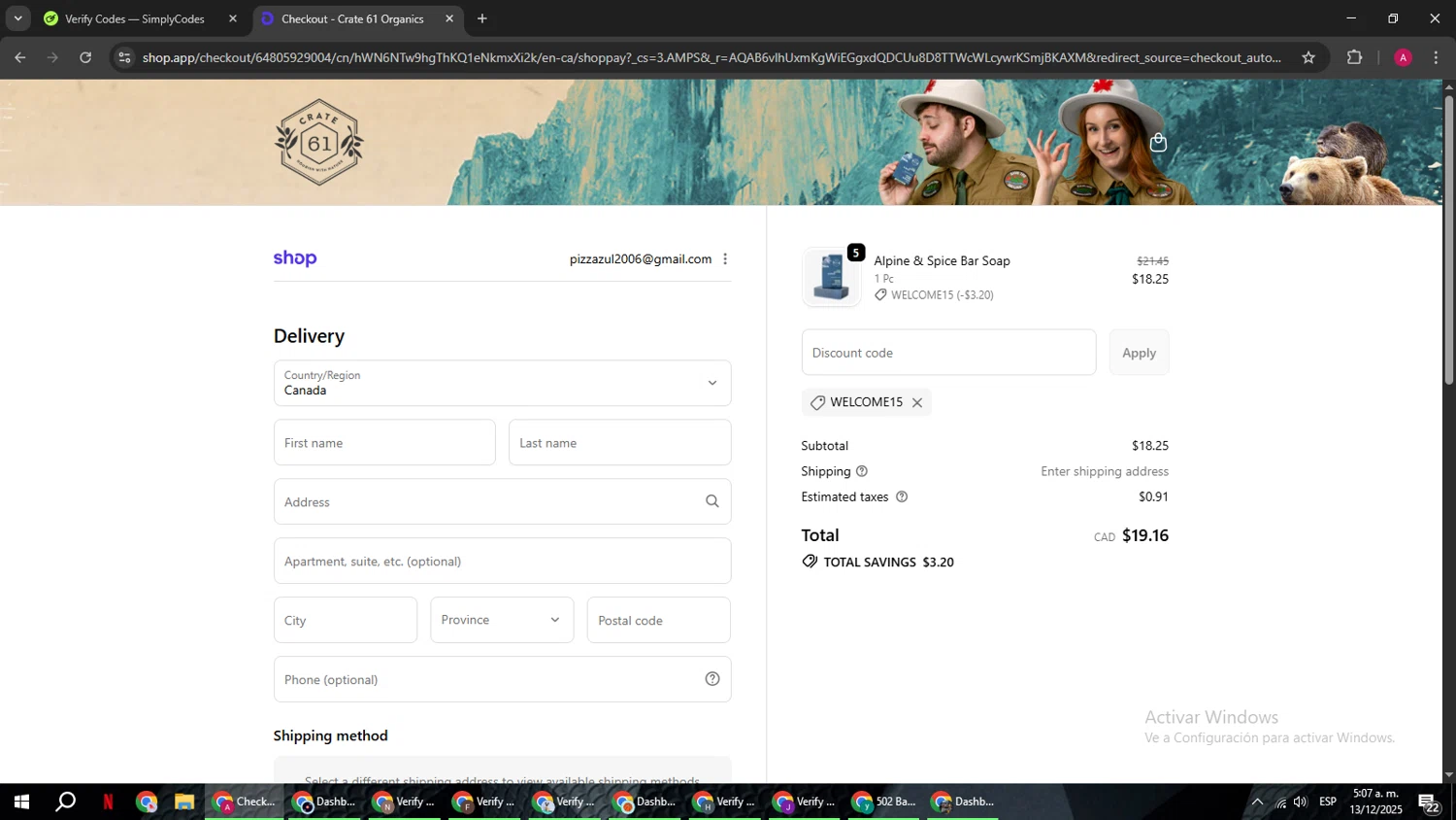 Crate61 promo code screenshot showing code WELCOME15 applied at Crate61 checkout page. Uploaded by SimplyCodes community member BMWGS1200 on Dec 13, 2025