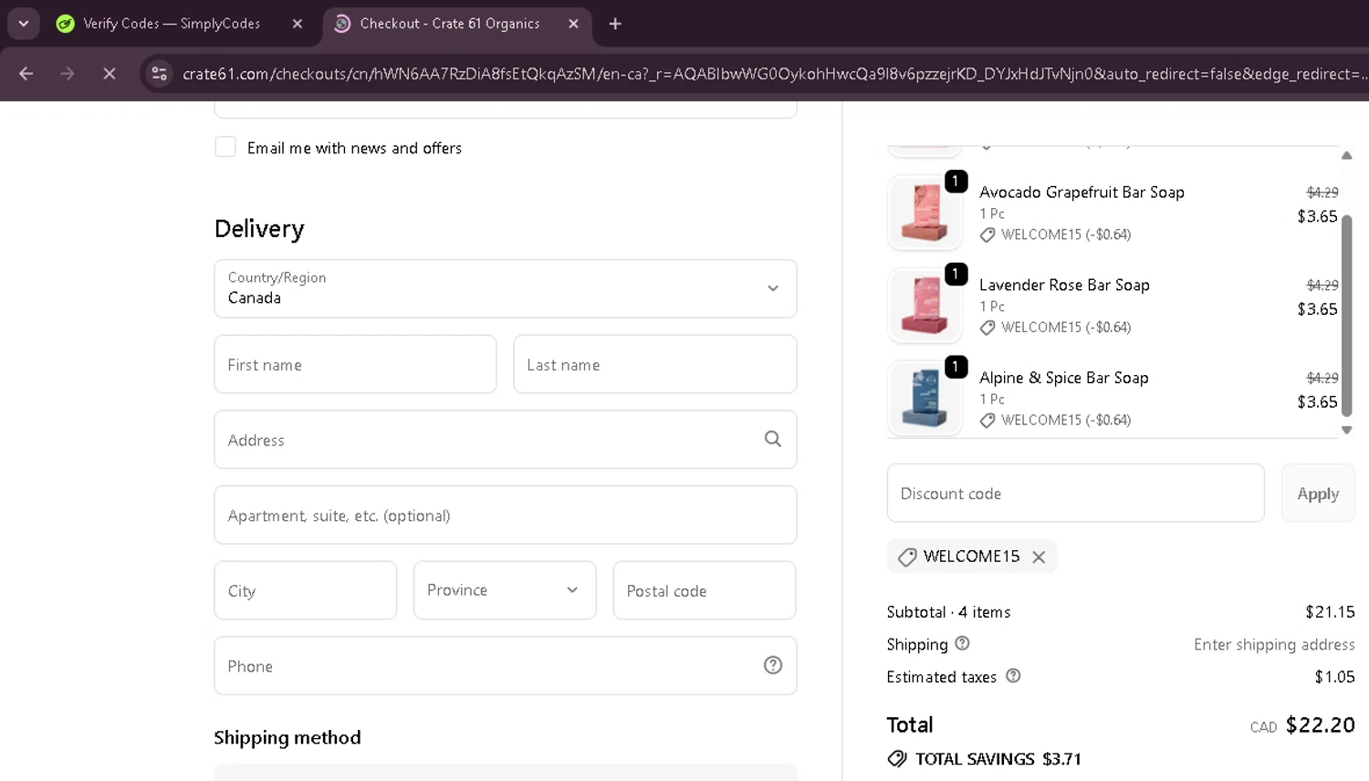 Crate61 promo code screenshot showing code WELCOME15 applied at Crate61 checkout page. Uploaded by SimplyCodes community member EnmanuelEDITOR on Dec 7, 2025