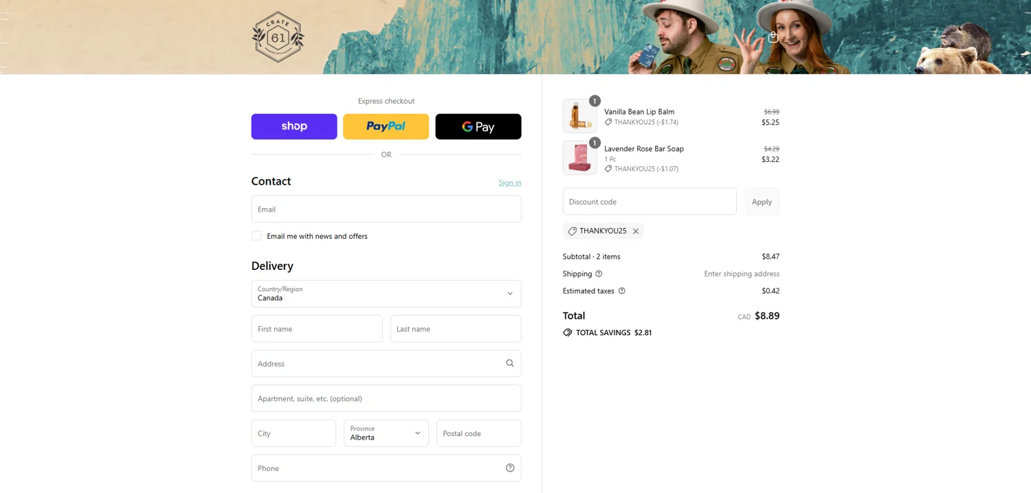 Crate61 promo code screenshot showing code thankyou25 applied at Crate61 checkout page. Uploaded by SimplyCodes community member Dorothy on Sep 9, 2025