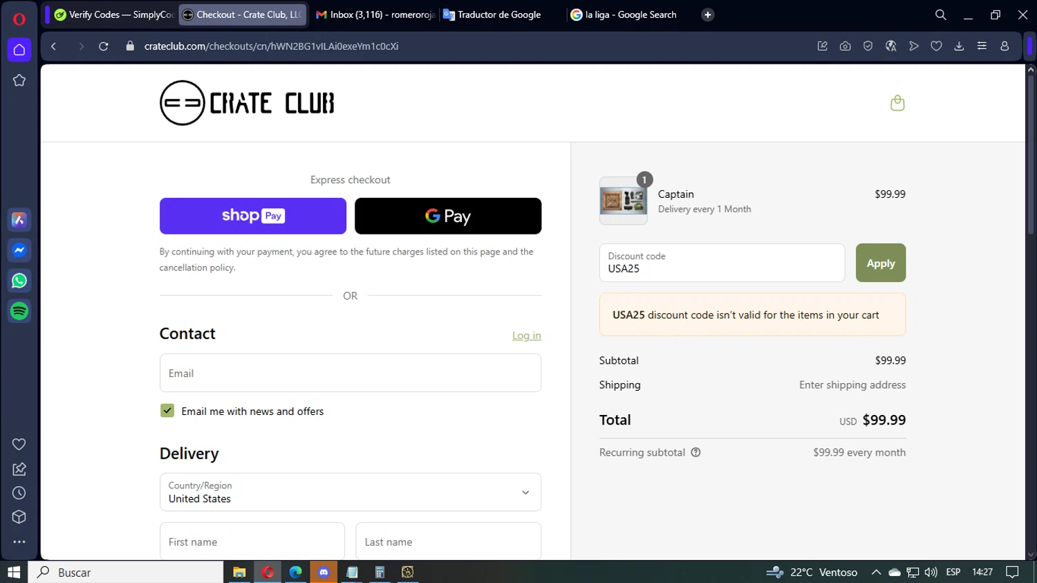 Crate Club promo code screenshot showing code USA25 applied at Crate Club checkout page. Uploaded by SimplyCodes community member LegendaryEagle421 on Aug 24, 2025