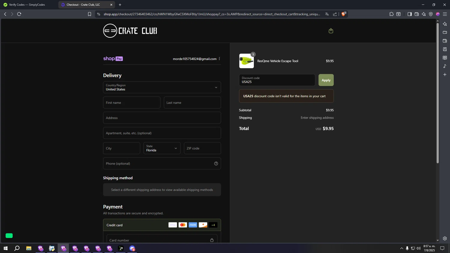 Crate Club promo code screenshot showing code USA25 applied at Crate Club checkout page. Uploaded by SimplyCodes community member CoheteFast on Aug 7, 2025
