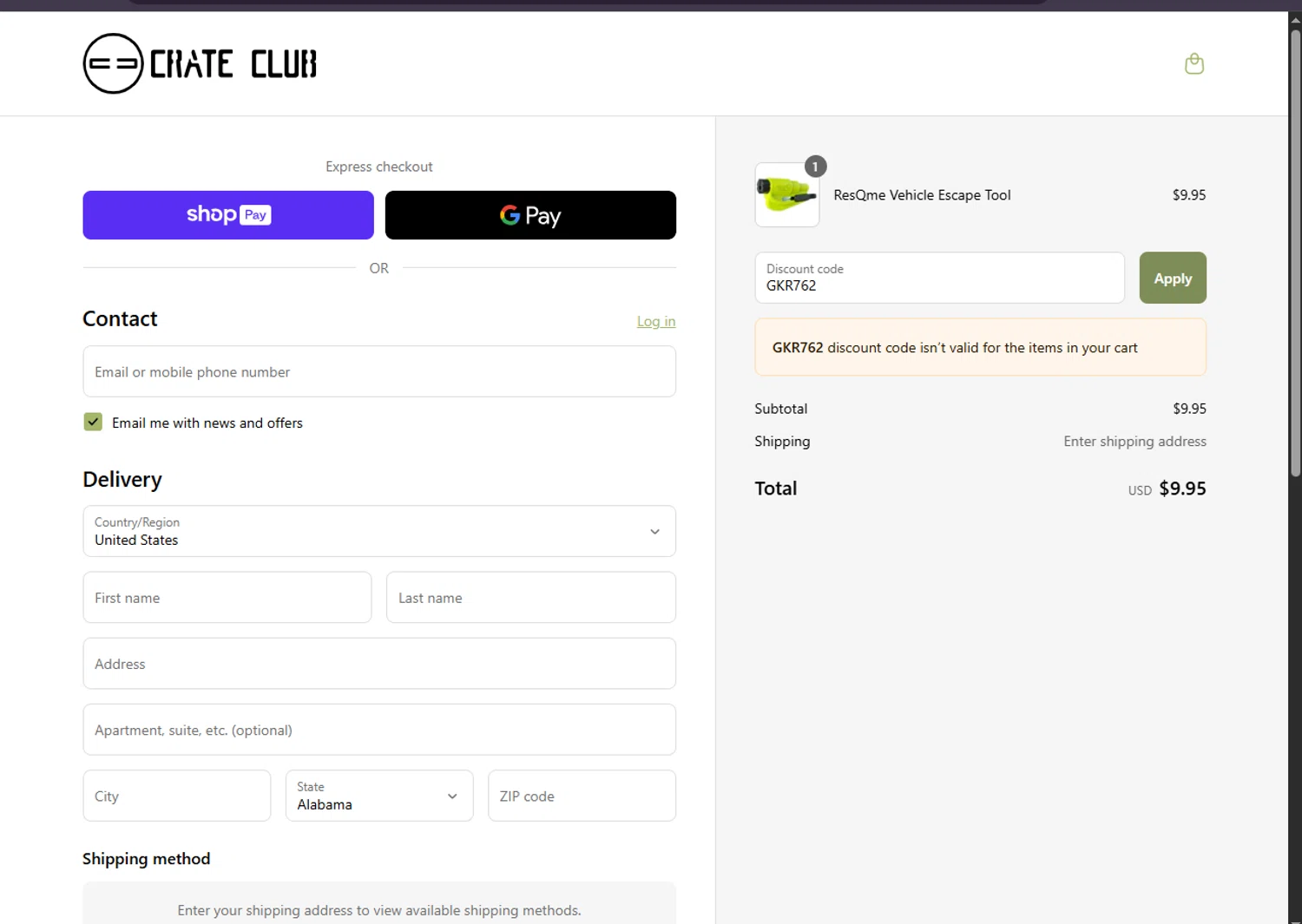 Crate Club promo code screenshot showing code GKR762 applied at Crate Club checkout page. Uploaded by SimplyCodes community member Carlosramirez09 on Jun 3, 2025