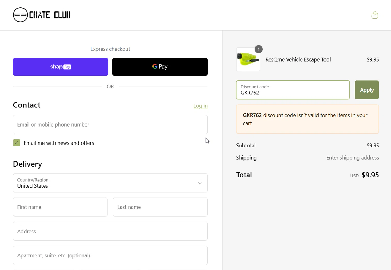 Crate Club promo code screenshot showing code GKR762 applied at Crate Club checkout page. Uploaded by SimplyCodes community member LuckyFinder274 on Apr 17, 2025