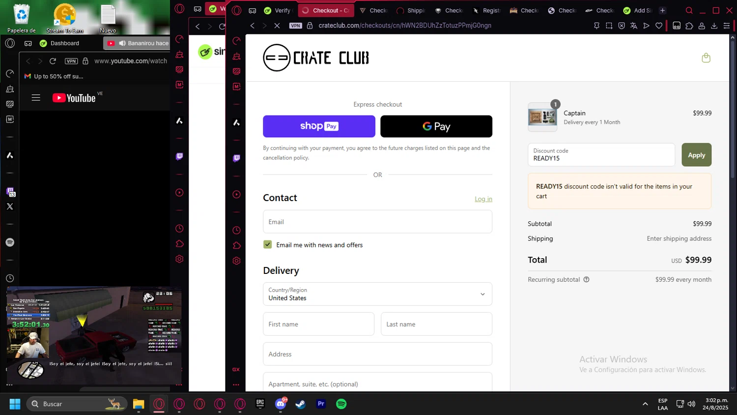 Crate Club promo code screenshot showing code READY15 applied at Crate Club checkout page. Uploaded by SimplyCodes community member Billyyou on Aug 24, 2025