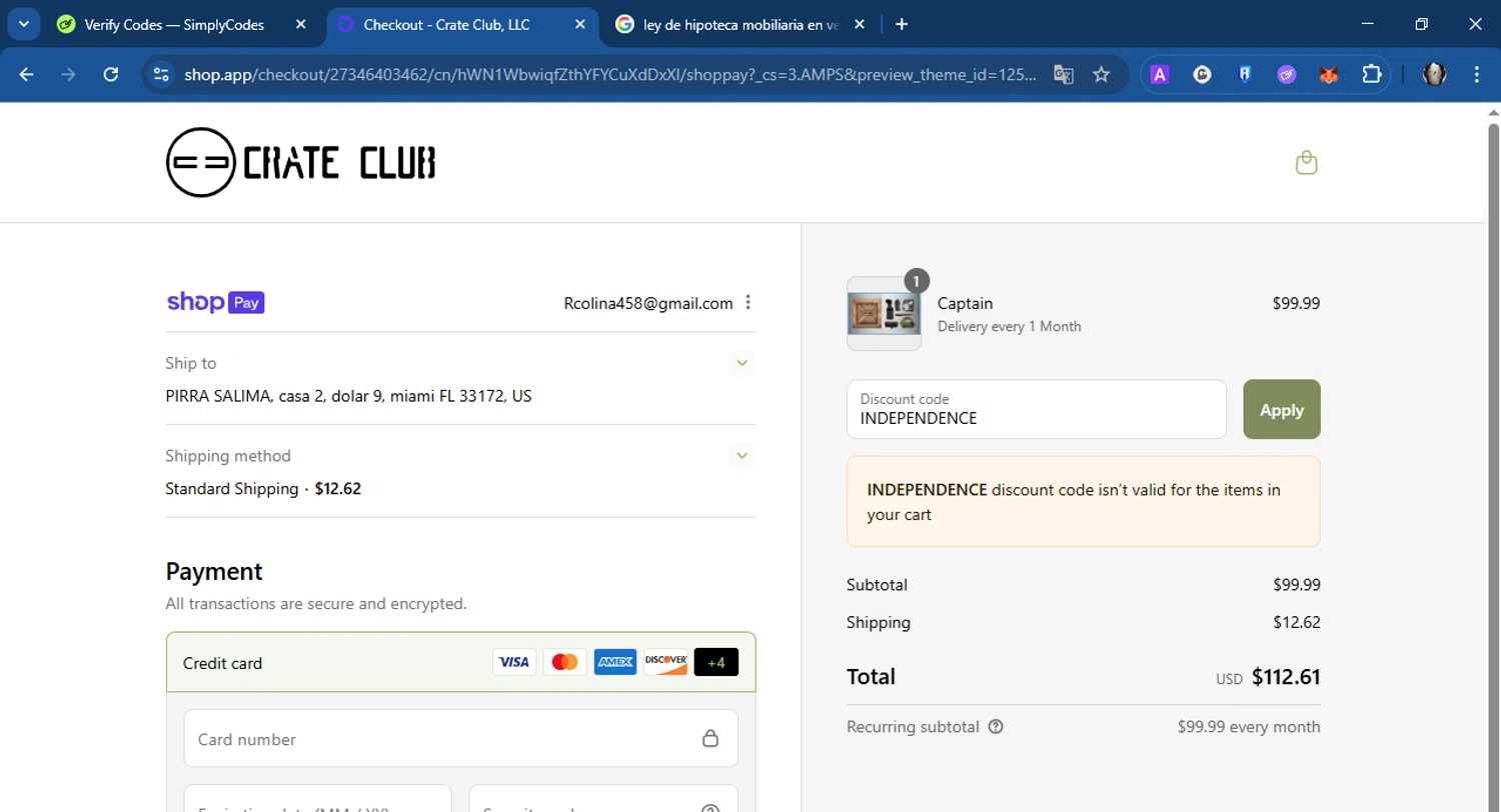 Crate Club promo code screenshot showing code INDEPENDENCE applied at Crate Club checkout page. Uploaded by SimplyCodes community member Acidwire on Aug 7, 2025