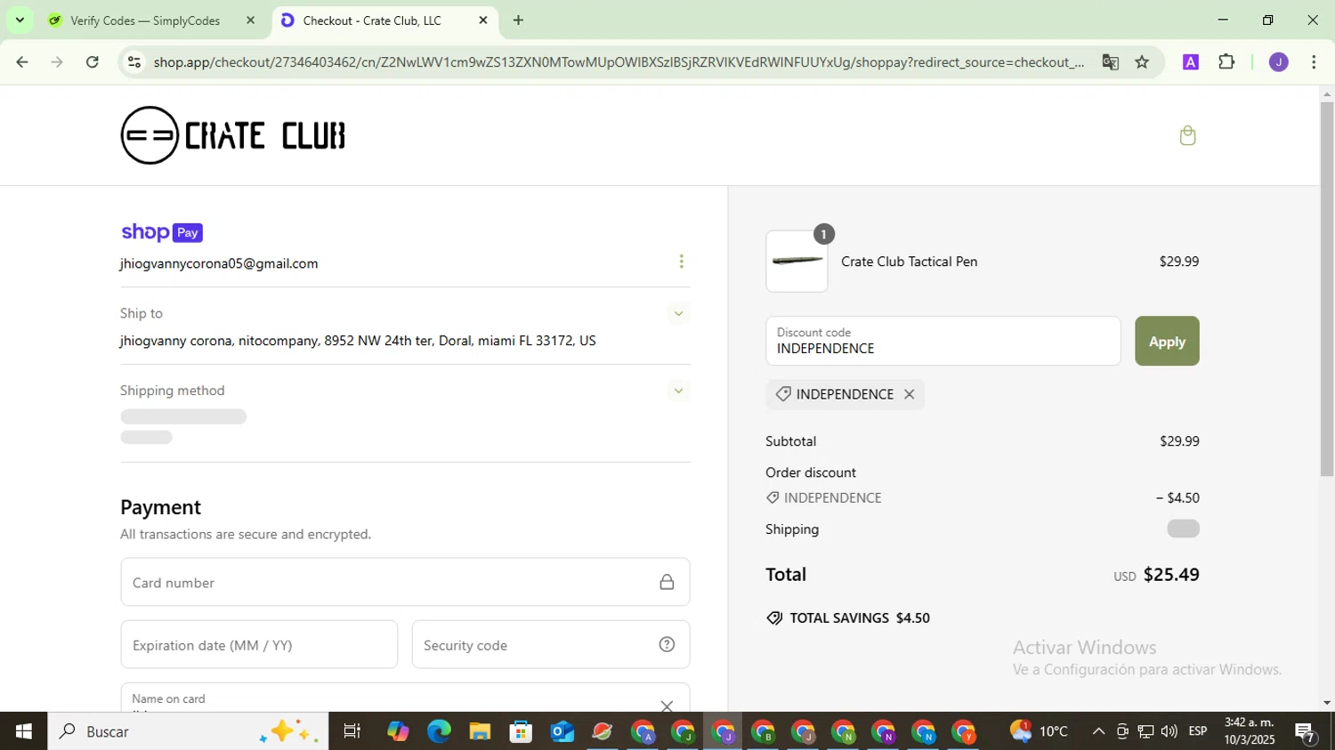 Crate Club promo code screenshot showing code INDEPENDENCE applied at Crate Club checkout page. Uploaded by SimplyCodes community member PromoHunter9043 on Mar 10, 2025