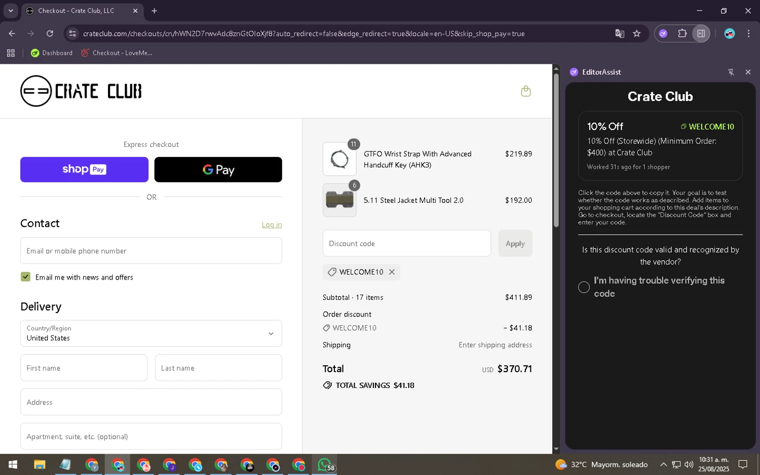 Crate Club promo code screenshot showing code Welcome10 applied at Crate Club checkout page. Uploaded by SimplyCodes community member VoucherVoyager4577 on Aug 25, 2025