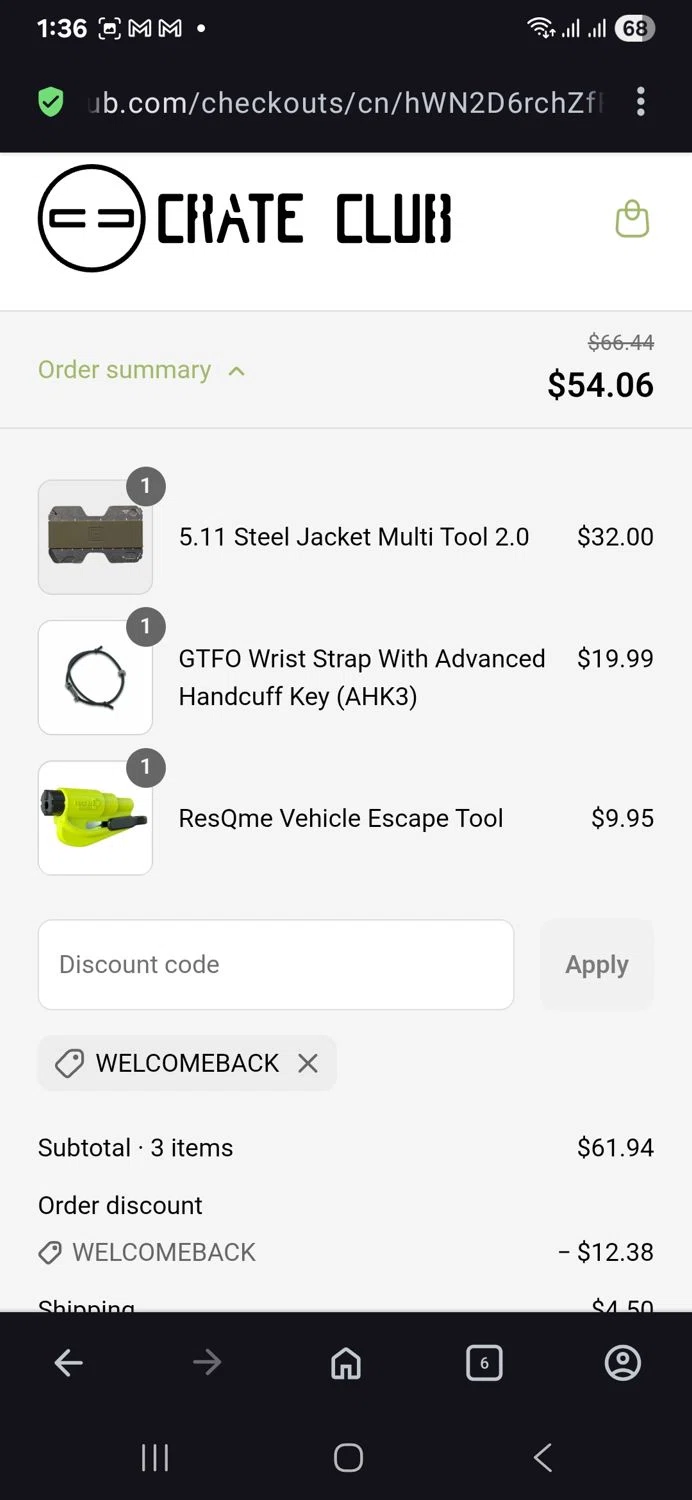 Crate Club promo code screenshot showing code Welcomeback applied at Crate Club checkout page. Uploaded by SimplyCodes community member vida5254427716958 on Aug 26, 2025